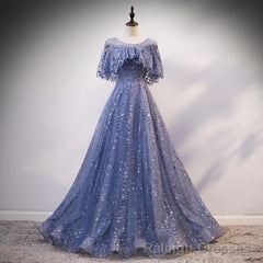 Glam Blue Off Shoulder Lace-up Long Evening Dresss Party Dress, Blue Wedding Party Dress Prom Dresses
