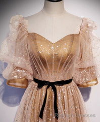 Gold Tulle Long Prom Dress, A line Gold Formal Graduation Party Dress