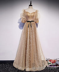 Gold Tulle Long Prom Dress, A line Gold Formal Graduation Party Dress