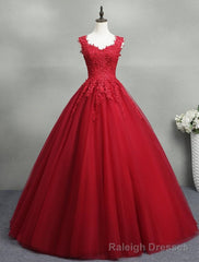 Gorgeous Red Ball Gown Sweet 16 Gown, Red Tulle with Lace Applique Party Dresses