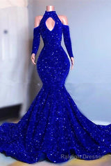 Gorgeous Royal Blue Long Sleeves Prom Dress Mermaid Long With Sequins
