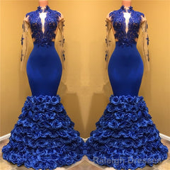 Gorgeous Royal Blue Prom Dresses Long Sleevess Evening Gowns with Rose Flowers