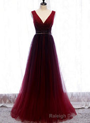 Gradient Beaded Wine Red Tulle Long Party Dress, A-line Wine Red Prom Formal Dresses