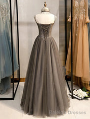 Gray A-Line Prom Dresses Open Back Dress Formal Wedding Party Floor Length Sleeveless Spaghetti Strap Tulle with Pleats Crystals