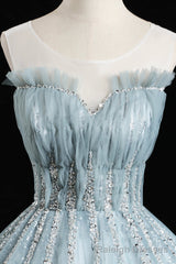 Gray Tulle Sequins Floor Length Prom Dress, A-Line Evening Party Gown