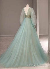 Green A-line Tulle New Prom Dress Long Sleeves Green Party Dress prom dresses shops