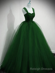 Green Beaded Tulle Off Shoulder Long Party Dress, Green Tulle A-line Prom Dress