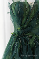 Green Tulle Long A-Line Prom Dress, Spaghetti Straps Evening Dress