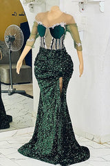 Jewel Mermaid Lace Applique Sequined Floor-length Half Sleeves High Split Prom Dress