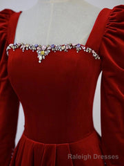 A-Line Long Sleeve Velvet Floor Length Prom Dress, Burgundy Formal Evening Dress