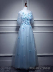 Light Blue Flowers Long Party Dress, A-line Tulle Party Dress Evening Dress