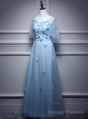 Light Blue Flowers Long Party Dress, A-line Tulle Party Dress Evening Dress