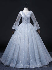 Light Blue Tulle Long Sleeve Quinceanera Dress