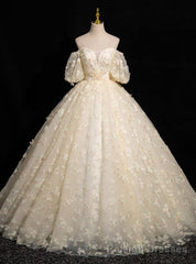 Light Yellow Tulle Puff Sleeve 3D Flower Quinceanera Dress