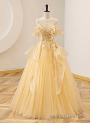 Light Yellow Tulle with Beadings and Lace Party Dress, Yellow Tulle Prom Dress