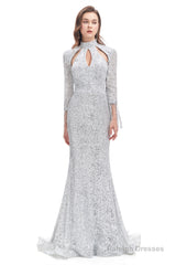 Long Sleeve Mermaid Prom Dresses Silver Sequins Trumpet