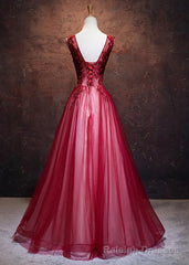 Lovely Wine Red V-neckline Tulle Party Gown, A-line Prom Dress
