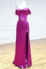 Magenta Sweetheart Belted A-Line Prom Dress with Slit