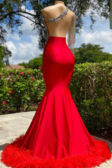 Mermaid Asymmetrical Appliques Lace Sequined Open Back One Shoulder Floor-length Sleeveless Prom Dress With Feather