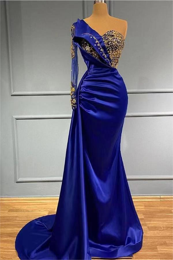 Mermaid Asymmetrical Sequined Floor-length Appliques Lace With Side Train Prom Dress