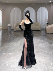 Meerjungfrau Langes Abschlussball Kleid Neuankömmling sexy schwarze Schlitzabendkleid