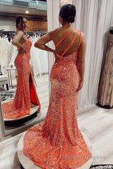 Mermaid One Shoulder Orange Sequins Long Prom Dress with Split Front