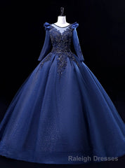 Navy Blue Long Sleeve Beading Sequins Quinceanera Dress