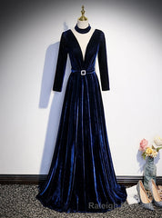 Navy Blue Velvet Long Sleeve Pleats Prom Dress