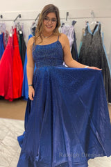 Navy Lace-up Back Beading A Line Prom Dress