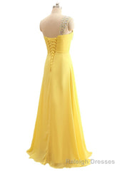 Elegant One Shoulder Yellow Chiffon Beaded Pleat Long Bridesmaid Dresses