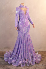 Purple Mermaid Prom Dresses Hight Neck Sequins Long Sleeve Evening Dresses