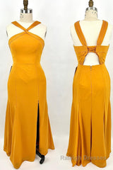 Cross Straps Mustard Yellow Chiffon Long Bridesmaid Dress with Slit