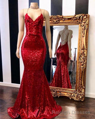 Red Halter Sequins Sparkle Evening Gowns Sexy Mermaid Dresses Long Maxi Dress
