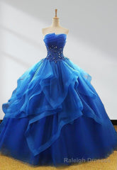 Royal Blue Quinceanera Dresses Organza Lace Applique Prom Dresses