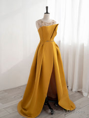 Scoop Neckline Satin Yellow Long Prom Dresses, Yellow Formal with Beading Sequin