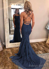 Sheath/Column Square Neckline Sleeveless Court Train Lace Prom Dresses With Appliqued