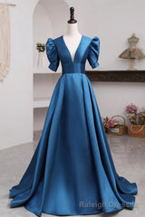Short Sleeves Peacock Blue Long Prom Dresses, Peacock Blue Long Formal Evening Dresses