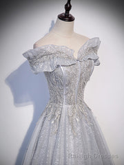 Sliver-Grey Shiny Tulle Off Shoulder  Prom Dress, Sliver Long Party Dresses