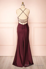 Burgundy Prom Dresses, Sheath/Column Scoop Neck Silk-like Satin Floor-length Ruffles Bridesmaid Dresses