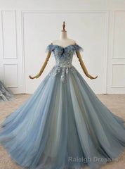 To Fit Your Style Blue Ball Gown Tulle Off the Shoulder Appliques Beading Sequins Prom Dress