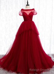 Tulle Short Sleeve Pleats Backless Burgundy Prom Dress