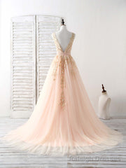 Unique V Neck Tulle Lace Applique Long Prom Dress, Evening Dress