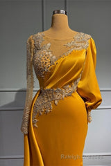 Vintage Jewel Asymmetric Beading Long Sleeves Evening Prom Dresses with Appliques