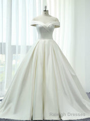 White Ball Gown Satin Off The Shoulder Wedding Dress With Train