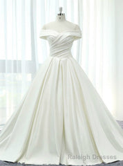 White Satin Off The Shoulder Pleats With Train Wedding Dress