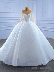 White Tulle Lace Long Sleeve Beading Wedding Dress