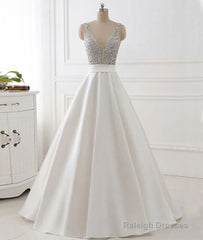 White v neck beads sequin long prom dress, white evening dress