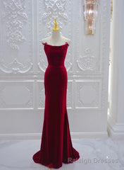 Wine Red Mermaid Straps Long Evening Dress, Wine Red Velvet Party Dress