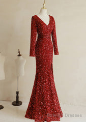 Wine Red Sequins Mermaid Long Sleeves Party Dress, Wine Red Long Wedding Party Dress