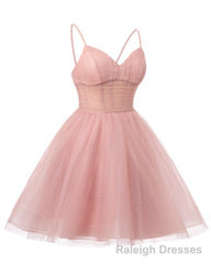 Womens V Neck Tulle Spaghetti Straps Dusty Blue Homecoming Dresses with Corset Back Short Prom Gowns for Teens